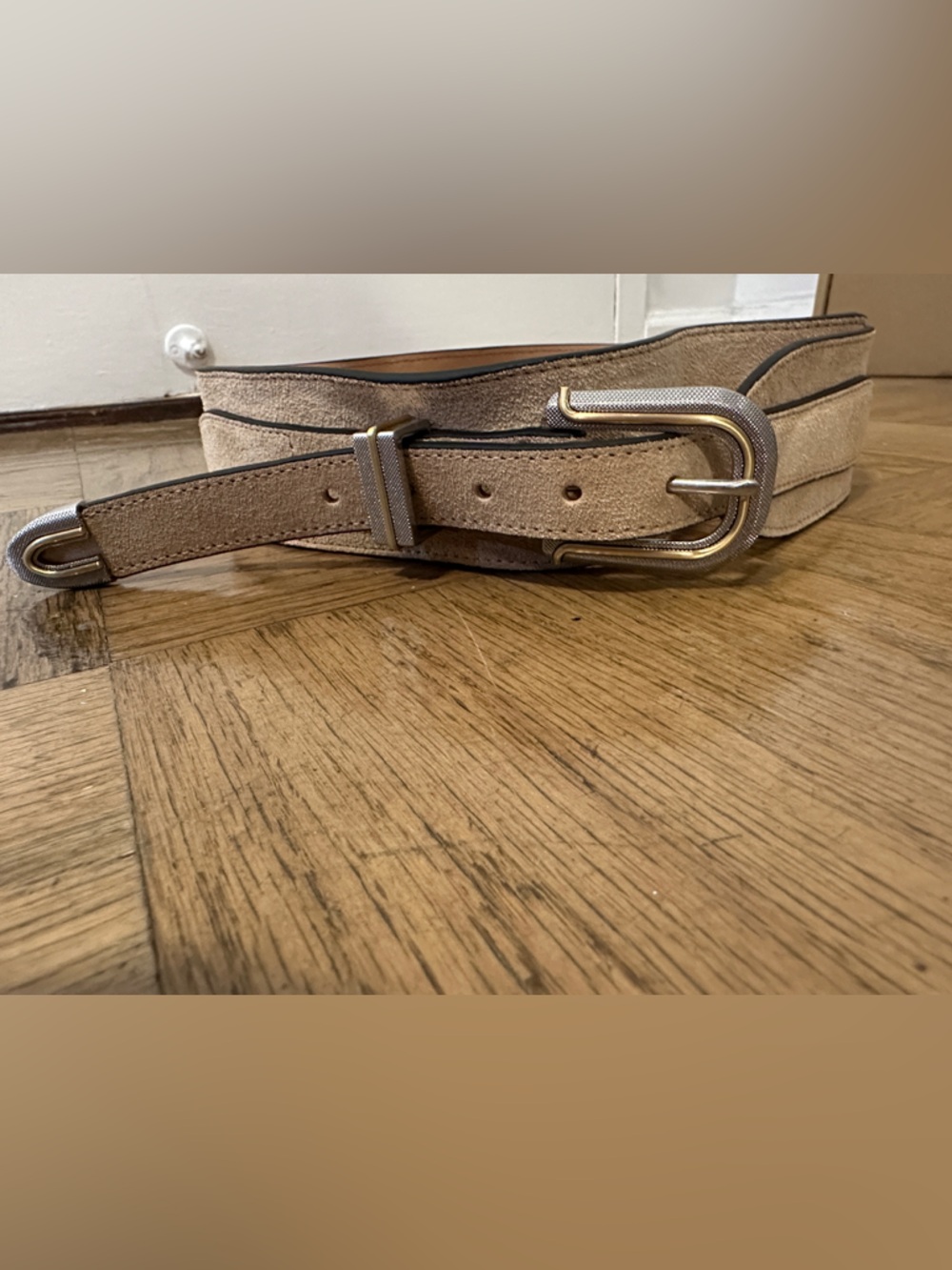 rag & bone Beige Suede Wide Belt with Silver Buckle